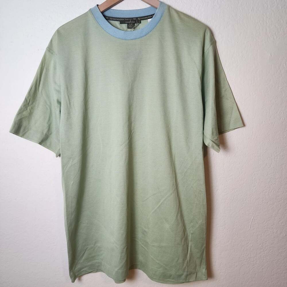 Ermenegildo Zegna Shirt Mens Large Blue Green Stripe Ringer Tee Cotton Italy